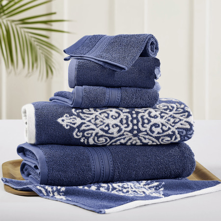 Modern Threads 6 Piece reversible yarn dyed jacquard towel set Artesia Damask Indigo 5JQYDTLG-ARI-ST